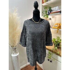 Gray Ribbed cabincore oversized Cozy Sweater Rolled Sleeve Ice & Sky Neck S
